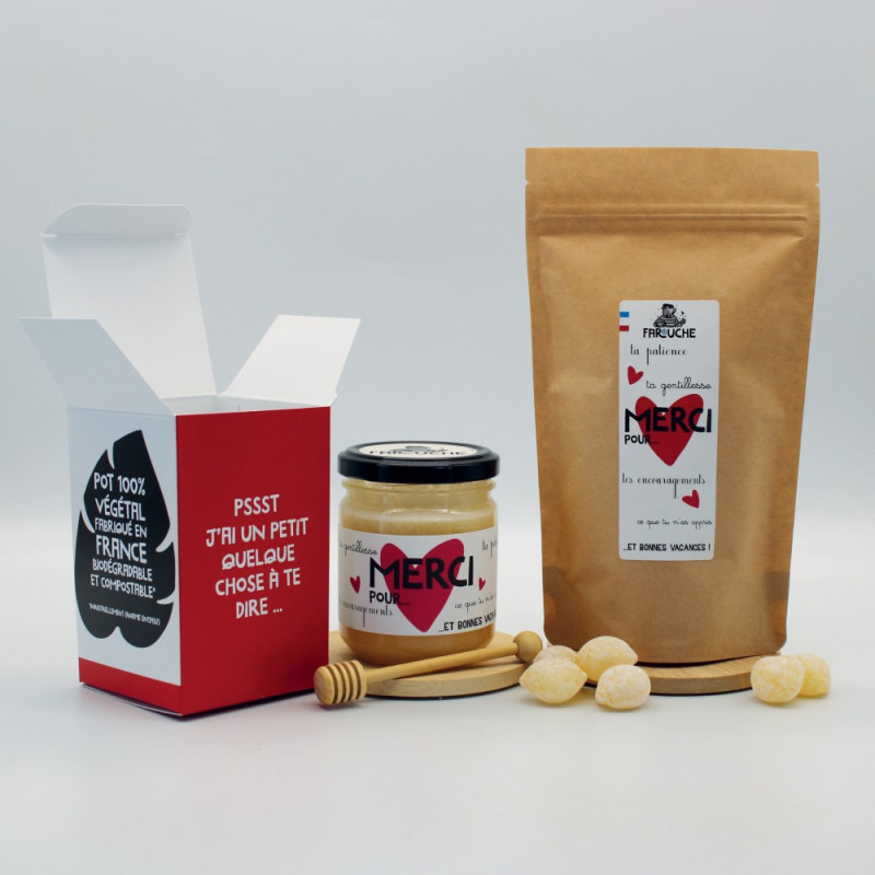 Duo coffret miel et billes fourrées à offrir maîtresse, maître ou ATSEM